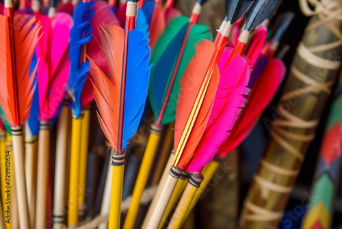 tight shot of arrows with bright feathers in quiver photo