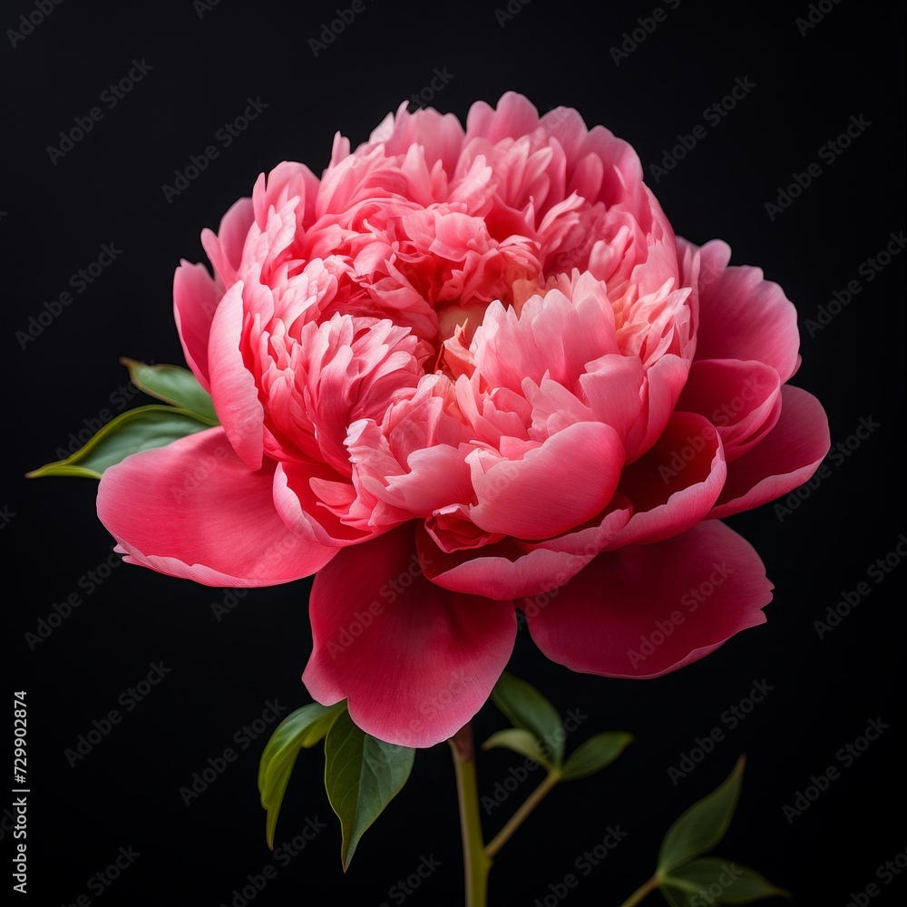 Vibrant Pink Peony Flower Against Black Background. A striking pink peony in full bloom, its petals exuding vibrancy and vitality, stands out against a deep black background.
Vibrant Pink Peony Flower Against Black Background. A striking pink peony in full bloom, its petals exuding vibrancy and vitality, stands out against a deep black background.