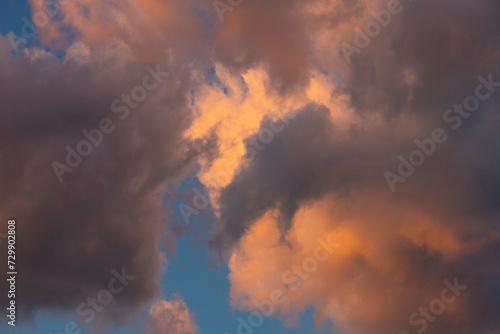 Cloud landscape. Pink and brown summer cumulus clouds on a blue sky during sunset. Wallpaper. Background.