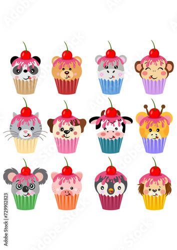 Set of animal face cupcake