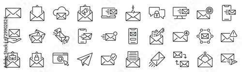 Set of 30 outline icons related to email. Linear icon collection. Editable stroke. Vector illustration