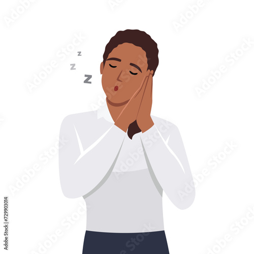Young woman standing and sleeping tired dreaming with her eyes closed. Women pretending to sleep and making gesture. Sleepy tired woman falling asleep being exhausted