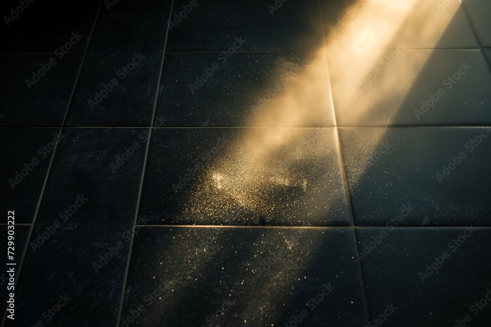 sunbeam highlighting dust particles on dark tile