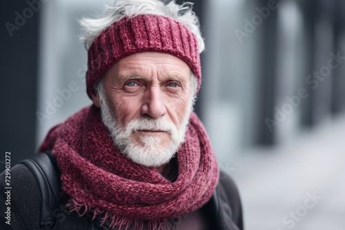 Portrait of an old man with a white beard and a red scarf.