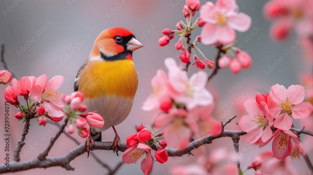 European Goldfinch ( Carduelis carduelis ) on a blossoming branch. Slovakia European Goldfinch ( Carduelis carduelis ) on a blossoming branch. Slovakia