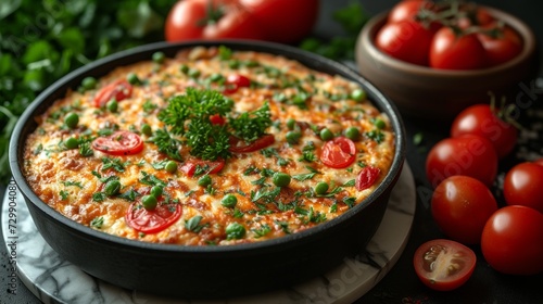 Freshly baked Turkish dish with cherry tomatoes and herbs