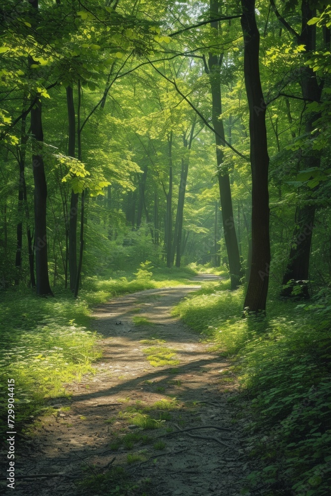 Obraz premium A tranquil forest path with dappled sunlight filtering through the serene canopy.