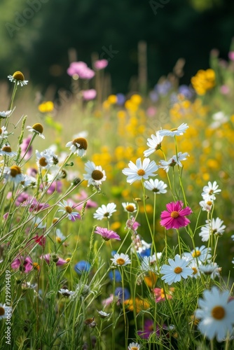 A tranquil meadow with wildflowers swaying gently in a soothing breeze