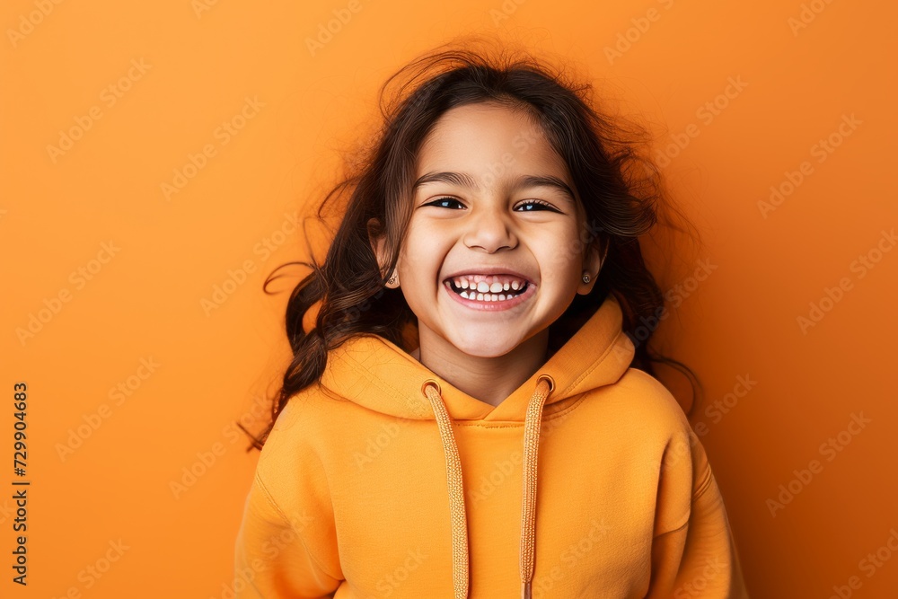 Portrait of a smiling little girl in yellow hoodie on orange background Portrait of a smiling little girl in yellow hoodie on orange background