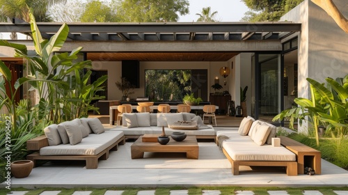 An inviting outdoor patio with contemporary furniture and lush greenery
