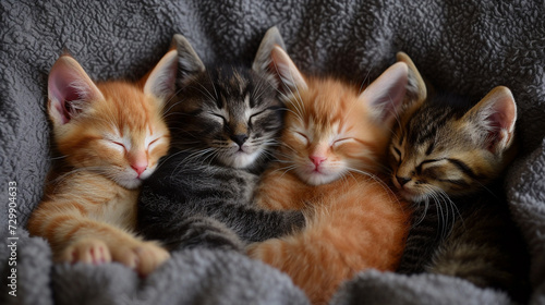 A group of kittens of various breeds snuggled together for a nap.