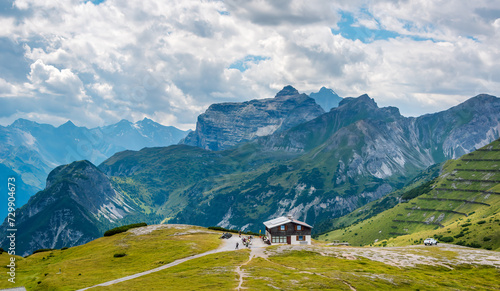Tableau sur toile Alps panoramic picturesque landscape in summer, Stubai Alps, mountain hut and Habicht Peak 3,277 m in distance, view from Blaser mountain, Tyrol, Austria