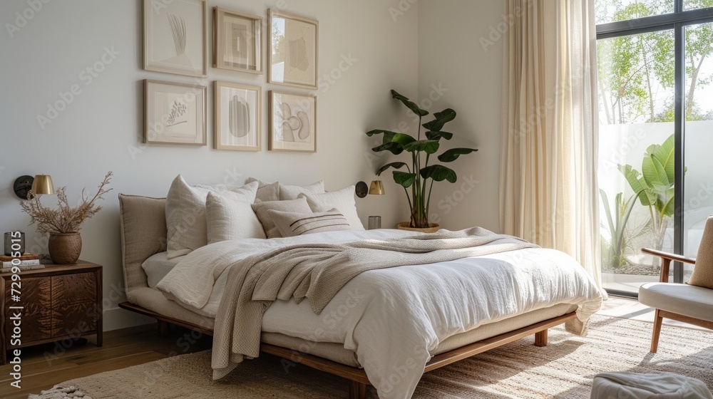 Fototapeta premium An airy bedroom featuring a platform bed, white linens, and a minimalistic gallery wall