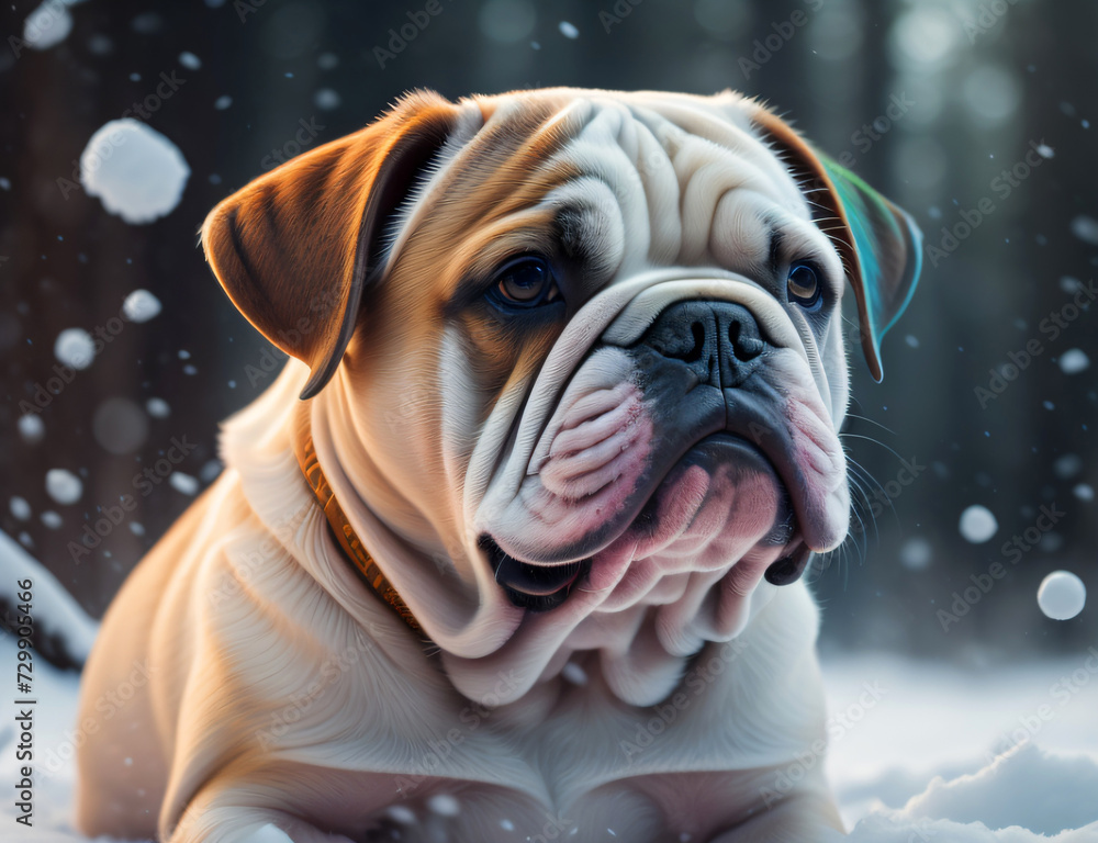 weiß braune Bulldogge im Schnee