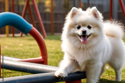 Fluffy puppy of Small German Pomeranian on dog playground, stretches out paw to owner. White funny doggy German Spitz dog gives paw on walk in nature, outdoors. Pet love concept. Copy ad text space