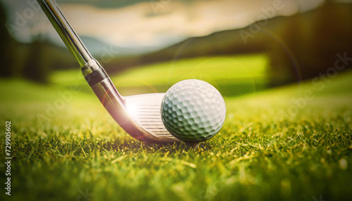 Closeup of a white golf ball and a metal golf club on a golf course, green grass. Generative Ai.