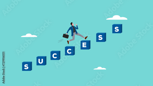 journey to career success, business progress step towards career success, businessman running up the stairs of success achievement concept vector illustration with flat design style