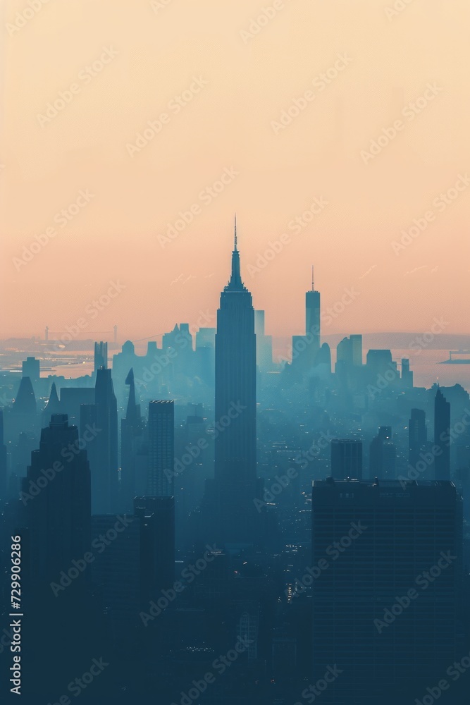 An abstract, minimalist cityscape with silhouettes of iconic skyscrapers