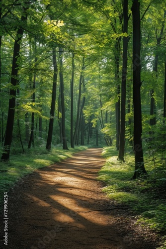 A tranquil forest path with dappled sunlight filtering through the serene can...