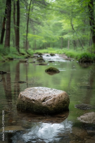 A tranquil, minimalist forest stream with a single, smooth rock in the water