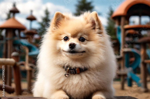 White fluffy doggy of Small German Pomeranian posing on dog playground, looking at camera. Portrait of funny puppy German Spitz dog on walk in nature, outdoors. Pet love concept. Copy ad text space