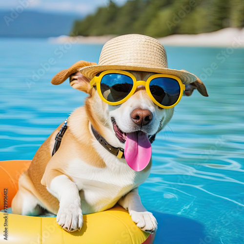 joyful dog in stylish straw hat and sunglasses, © jozzeppe777