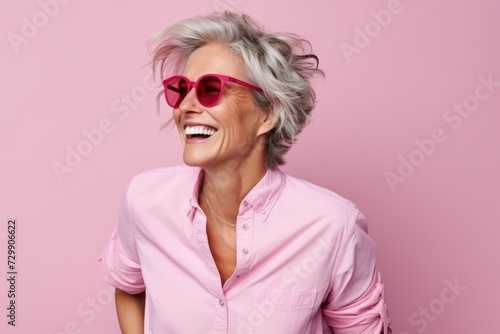 Portrait of a happy senior woman in pink sunglasses against pink background © Inigo