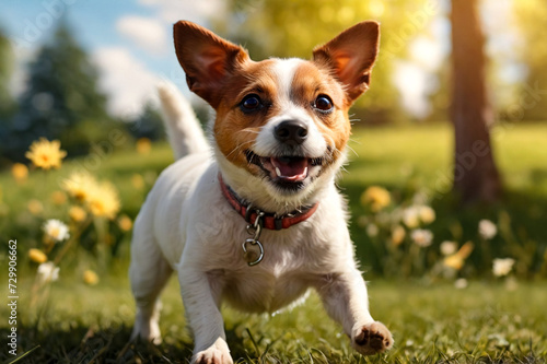 Funny Small Jack Russell terrier sitting with tongue out on dog playground. Playful funny little Jack Russell terrier dog playing walking in nature, outdoors. Pet love concept. Copy ad text space