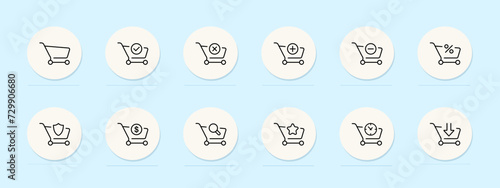 Grocery carts line icon. Farmer's market, produce, organic, locally sourced, seasonal, colorful, variety, nutrition. Pastel color background. Vector line icon for business and advertising