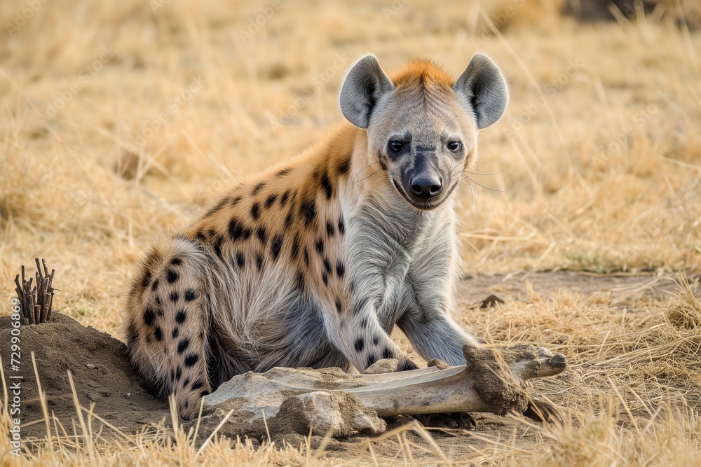 hyena with bone, dry grass and termite mounds hyena with bone, dry grass and termite mounds
