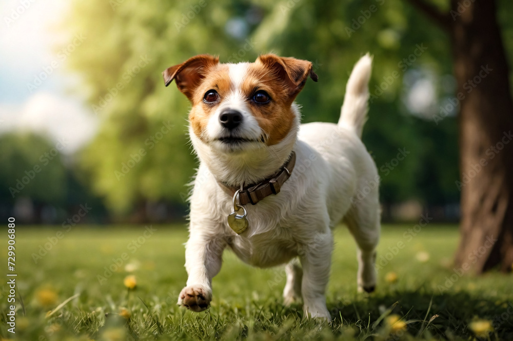 Funny Small Jack Russell terrier doggy walking on grass lawn on park, looking away. Playful little Jack Russell terrier dog playing posing in nature, outdoors. Pet love concept. Copy ad text space