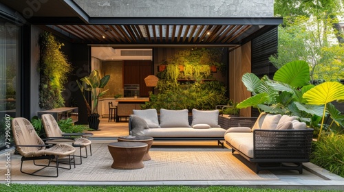 An inviting outdoor patio with contemporary furniture and lush greenery