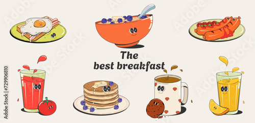 Breakfast:fried sausages with tomatoes, green peas, ketchup, oatmeal porridge with blueberries, orange and tomato juice,cocoa with chocolate biscuits,scrambled eggs with bacon,pancakes. Cartoon vector