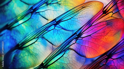 Wing of psychedelic dragonfly under microscope colorful