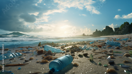 Plastic bottles and waste micro plastic sea pollution on beach recycling