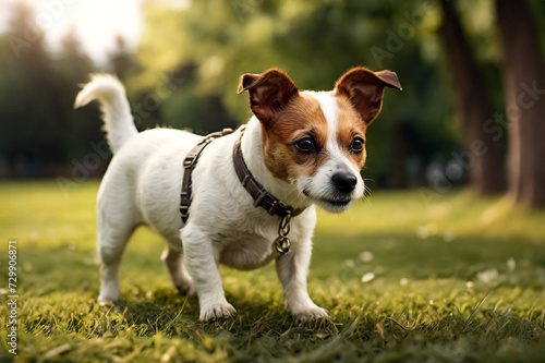 Funny Small Jack Russell terrier doggy walking on grass lawn on park, looking away. Playful little Jack Russell terrier dog playing posing in nature, outdoors. Pet love concept. Copy ad text space © Alex Vog