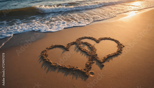 Two hearts drawn in sand near the water’s edge. Sunset Beach Romance, A romantic moment captured at the beach during sunset. Gentle waves lap at the shore near the drawn hearts