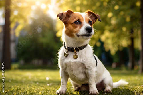 Funny Small Jack Russell terrier doggy sitting on grass lawn in park, looking away. Playful little Jack Russell terrier dog playing posing in nature, outdoors. Pet love concept. Copy ad text space