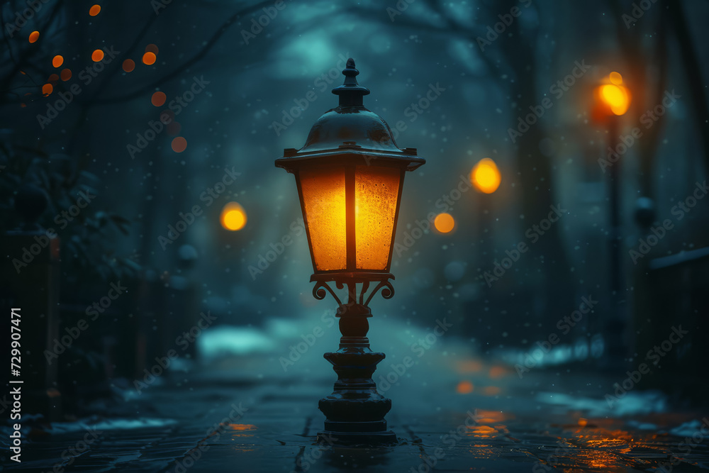 A lone street lamp in an empty street at night, creating a mood of solitude and mystery. Concept of isolation and urban space. Generative Ai. A lone street lamp in an empty street at night, creating a mood of solitude and mystery. Concept of isolation and urban space. Generative Ai.