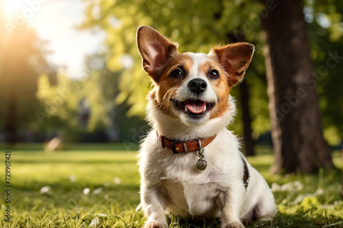 Funny Small Jack Russell terrier doggy sitting with tongue out on grass lawn in park, outdoors. Playful little Jack Russell terrier dog playing posing in nature. Pet love concept. Copy ad text space