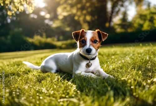 Funny Small Jack Russell terrier doggy sitting on grass lawn in park, looking at camera. Playful little Jack Russell terrier dog playing posing in nature outdoors. Pet love concept. Copy ad text space