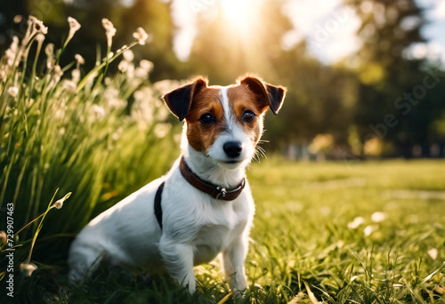 Funny Small Jack Russell terrier doggy sitting on grass lawn in park, looking at camera. Playful little Jack Russell terrier dog playing posing in nature outdoors. Pet love concept. Copy ad text space