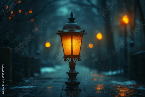 A lone street lamp in an empty street at night, creating a mood of solitude and mystery. Concept of isolation and urban space. Generative Ai.