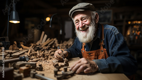 An older craftsman man carving a piece of wood in his workshop.