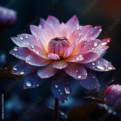 A lotus flower bathed in water droplets radiates tranquility  its petals glowing with a subtle iridescence in the moody  ambient light. 