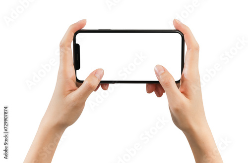 Hand play game on smartphone with blank screen on white background, Clipping path.