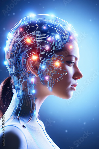 Woman with a visible cybernetic brain, ideal for content on AI, innovation, cybernetics, and the fusion of technology with humanity. IT, cyberspace, computer data transfer, VR.