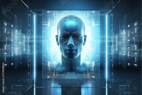 Striking image of a humanoid face, symbolizing AI, ideal for tech, innovation, and futuristic concept visuals in digital media. IT, cyberspace, computer data transfer.