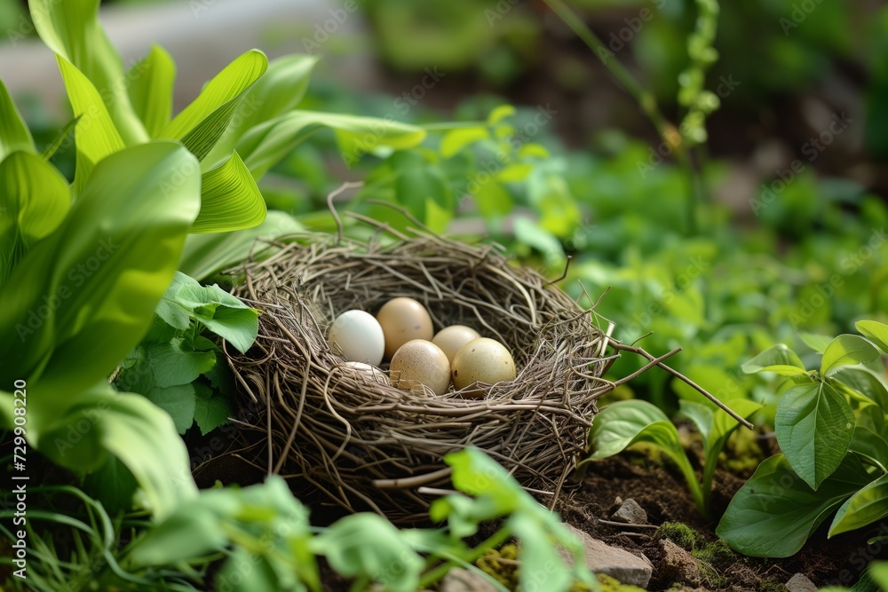 golden pheasant nest with eggs on ground cover golden pheasant nest with eggs on ground cover