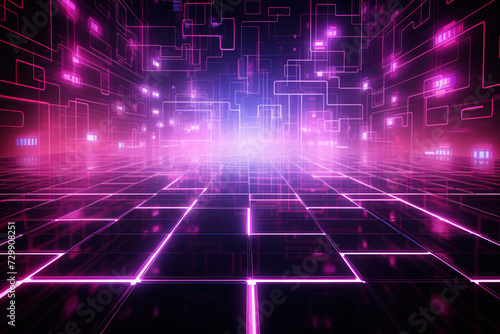 Abstract futuristic background with pink neon lights. IT, cyberspace, computer data transfer. Perfect for technology and cyber concepts. Virtual reality, artificial intelligence.